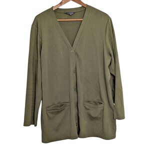 Lands' End Olive Green V-Neck Button-Front Long Cardigan Pockets Womens 20W-22W
